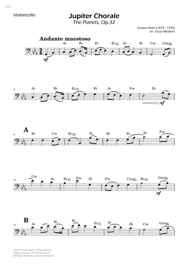 Jupiter Chorale from The Planets - Cello Solo - W/Chords (arr. César Madeira)