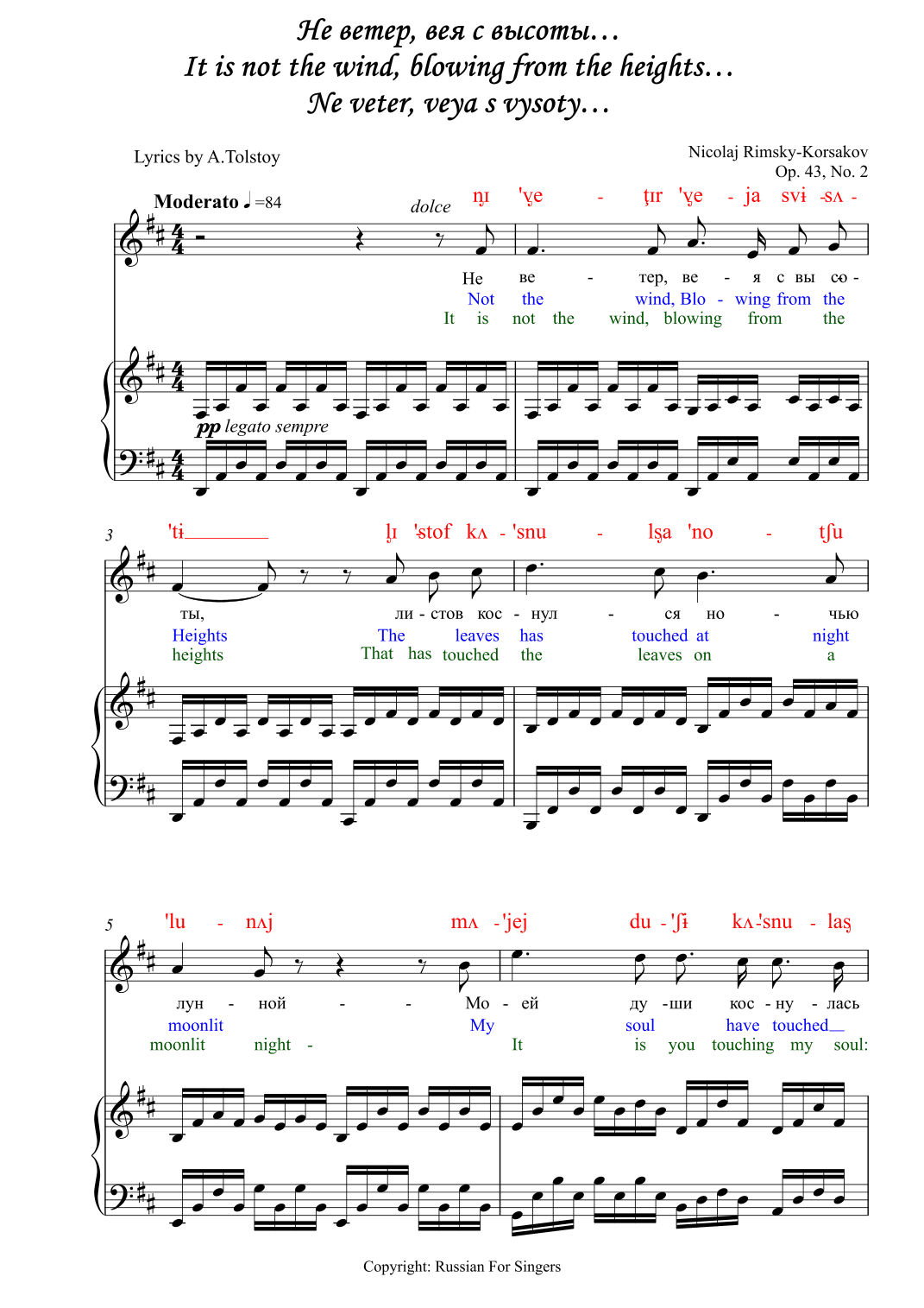 Rimsky-Korsakov "Ne Veter Veya S Vysoty" Op. 43 N2 Lower key DICTION SCORE w IPA & translation (arr. Russian for Singers)