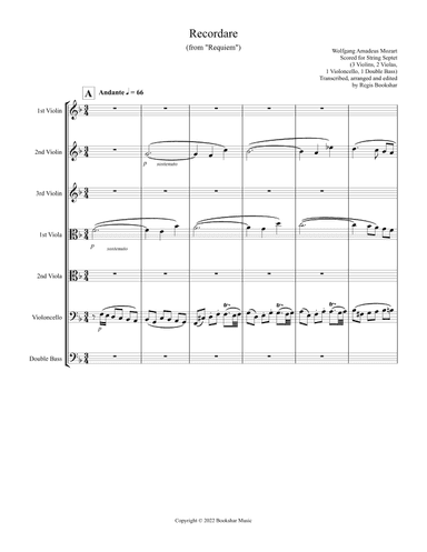 Recordare (from "Requiem") (F) (String Septet - 3 Violins, 2 Violas, 1 Cello, 1 Bass) (arr. Regis Bookshar)