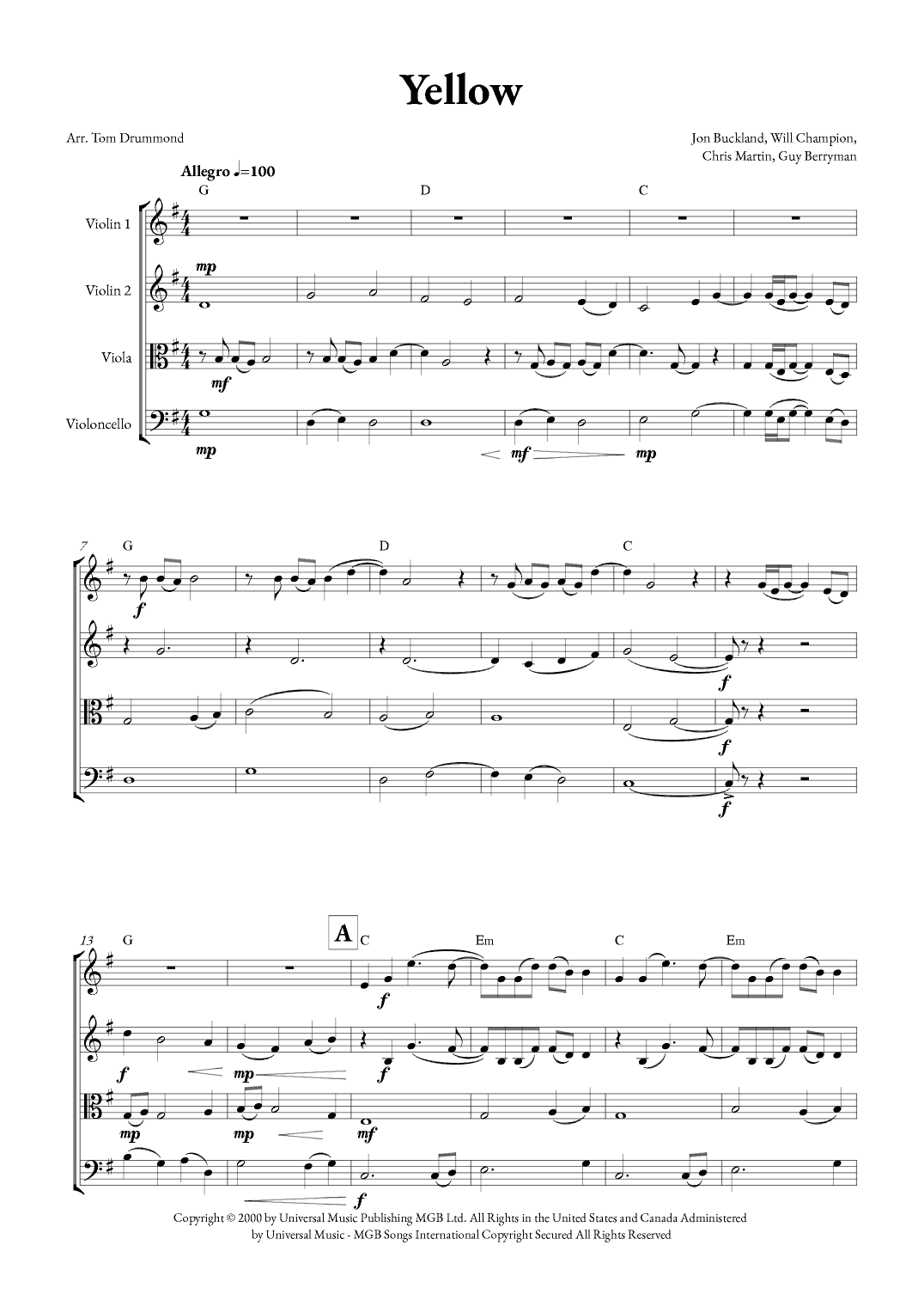 Yellow (arr. Tom Drummond)