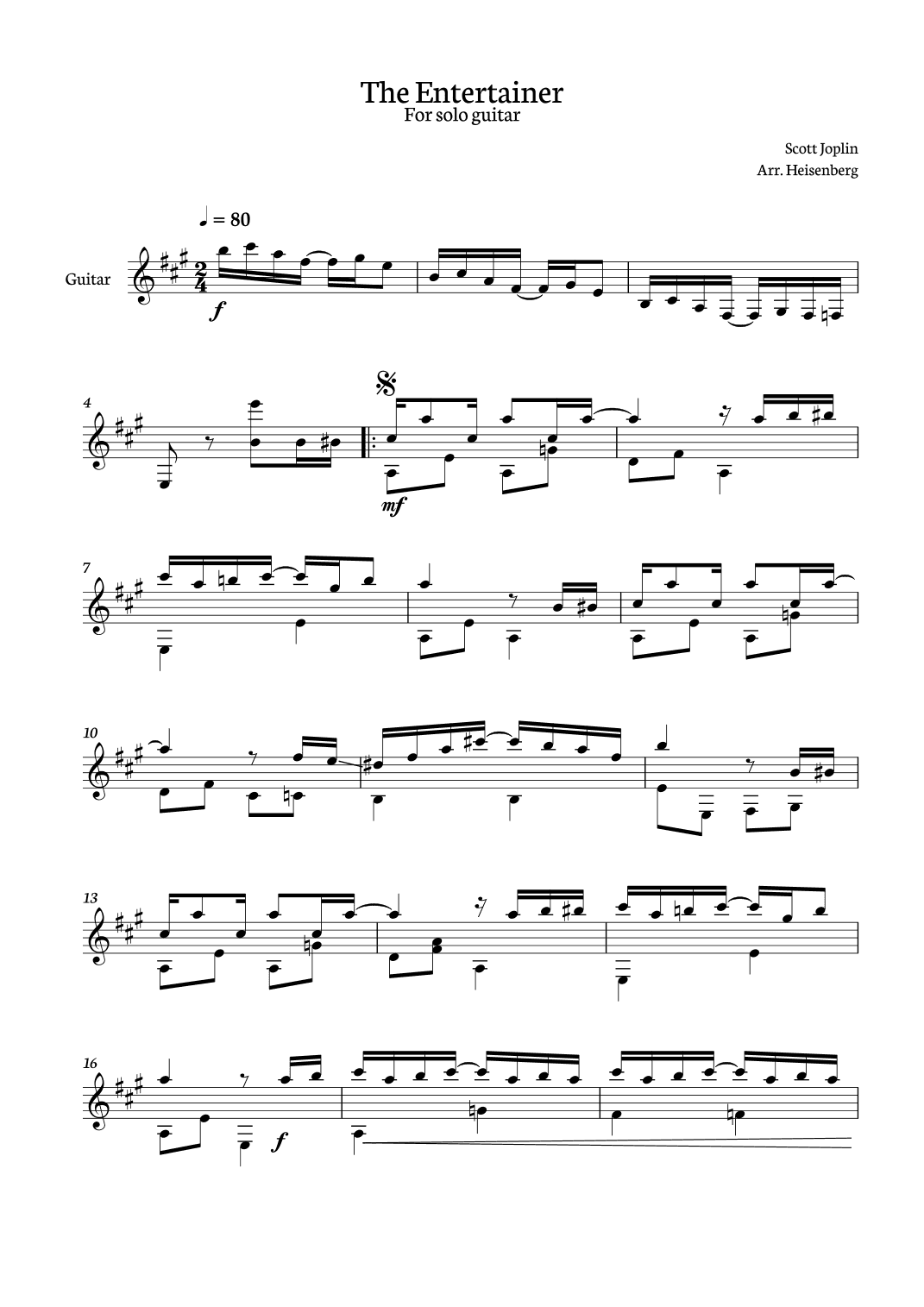The Entertainer - Scott Joplin for Guitar Solo (arr. Heisenberg)