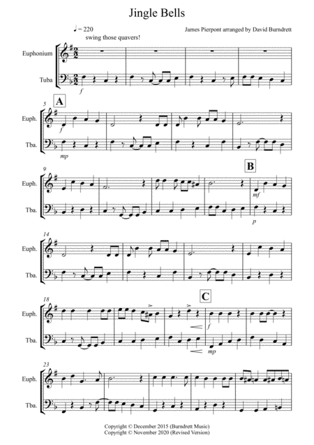 Jingle Bells (Jazzy Style!) for Euphonium and Tuba Duet (arr. David Burndrett)