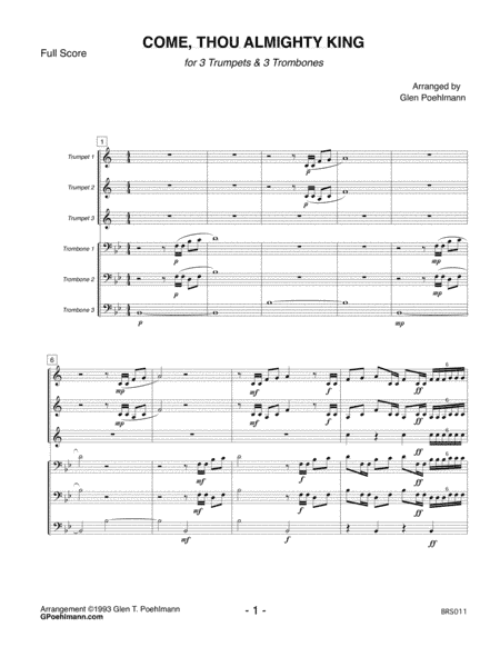 COME THOU ALMIGHTY KING - 3 TRUMPETS & 3 TROMBONES (unaccompanied) (arr. Glen Poehlmann)