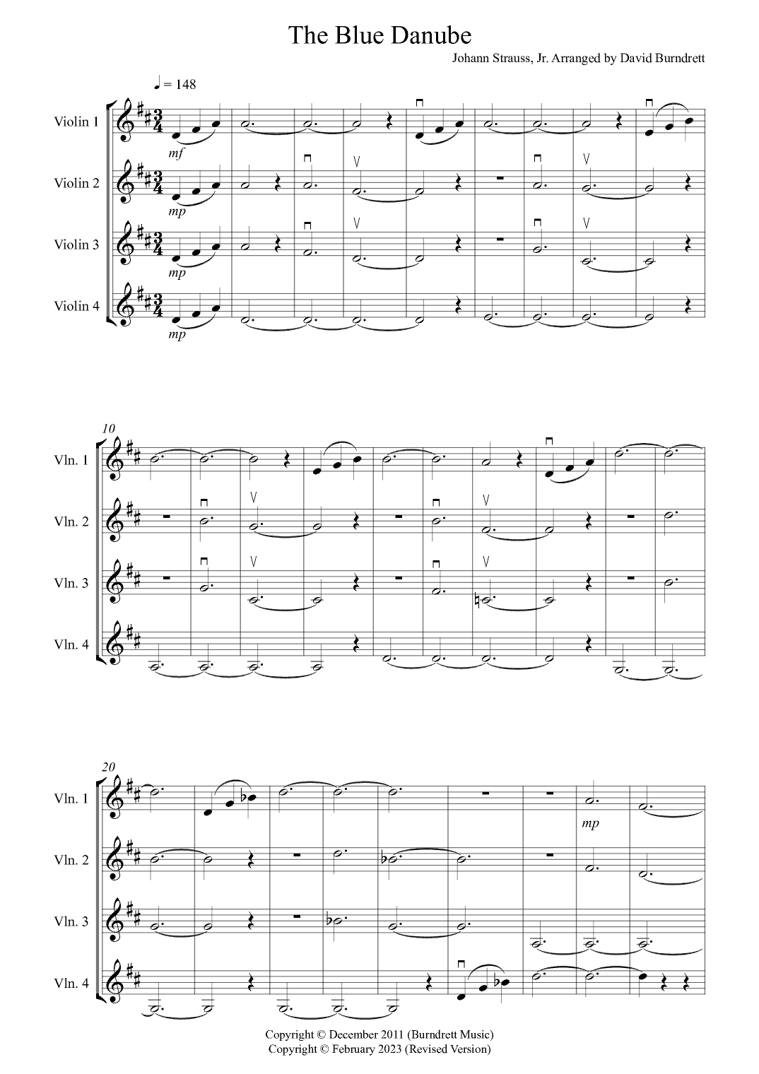 The Blue Danube for Violin Quartet (arr. David Burndrett)