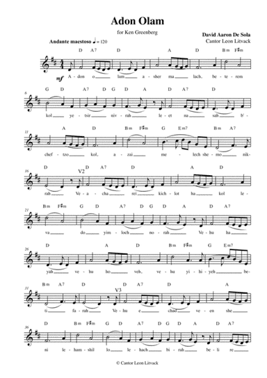 Adon Olam D.A. De Sola, for solo voice and guitar