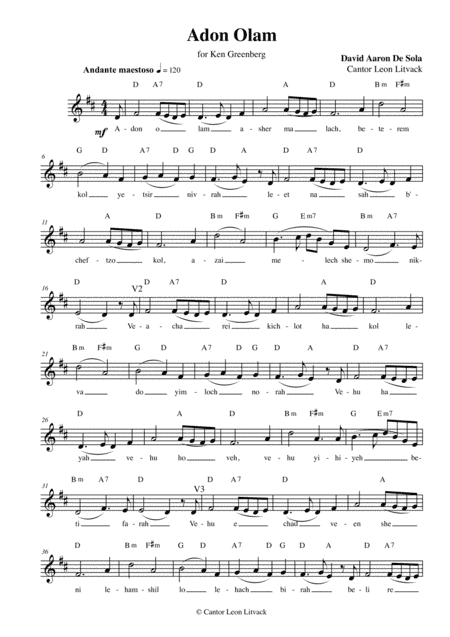 Adon Olam D.A. De Sola, for solo voice and guitar
