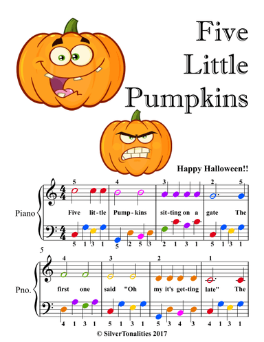 Five Little Pumpkins Easy Piano Sheet Music with Colored Notes (arr. SilverTonalities)