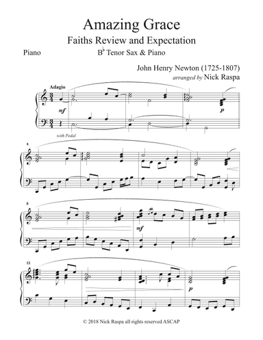 Amazing Grace (B Flat Tenor Sax & Piano) Piano part (arr. Nick Raspa)