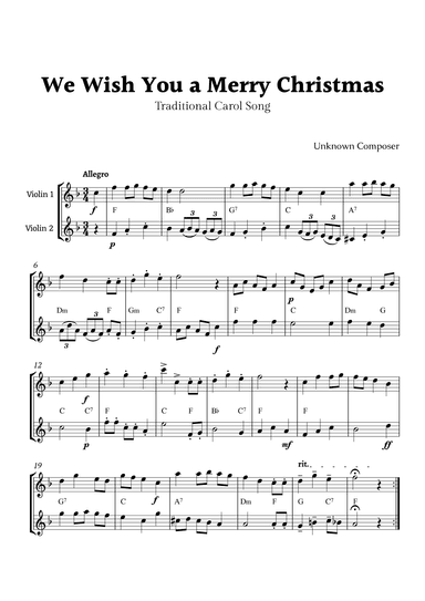 We Wish you a Merry Christmas for Violin Duet with Chords (arr. Rika K.)