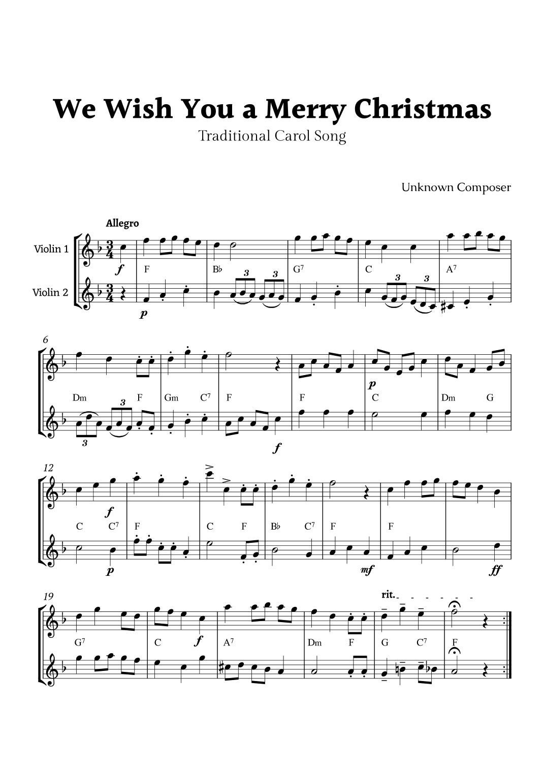 We Wish you a Merry Christmas for Violin Duet with Chords (arr. Rika K.)