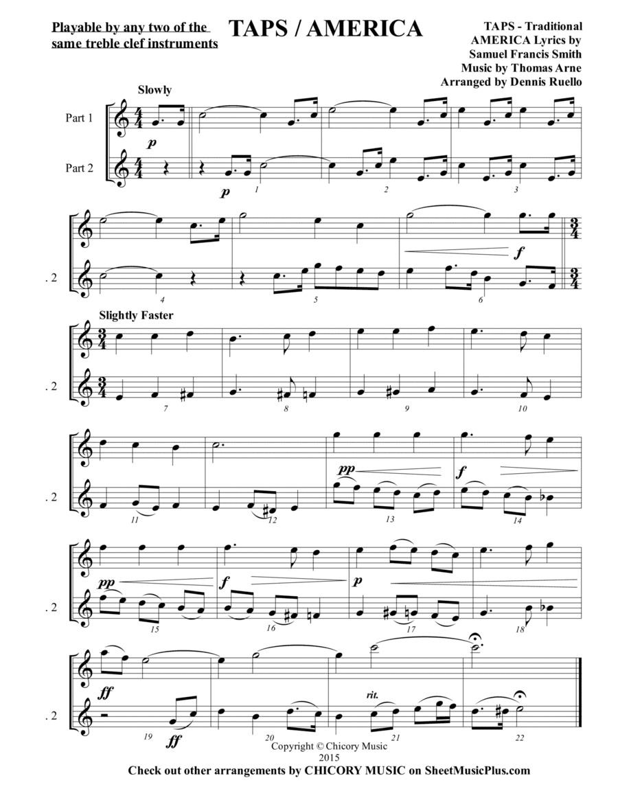 ECHO ~ TAPS / AMERICA (Duet) - Any  two similar treble clef instruments - Intermediate (arr. Dennis Ruello)