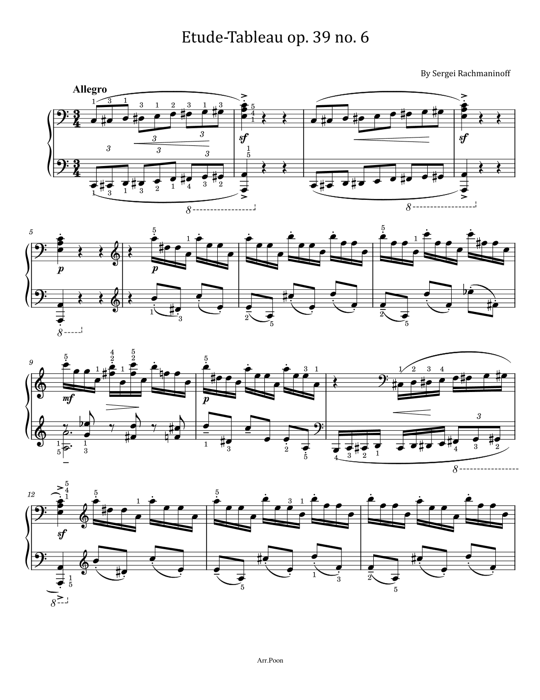 Rachmaninoff Etudes-tableaux, Op.39 No.6 - In A Minor Original For Piano Solo With Fingered (arr. poon)