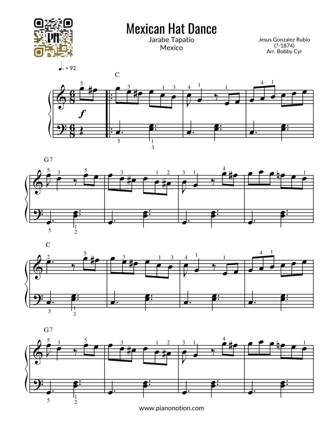 Mexican Hat Dance - Jarabe Tapatío (Easy Piano Solo) (arr. Bobby Cyr - Piano Notion)