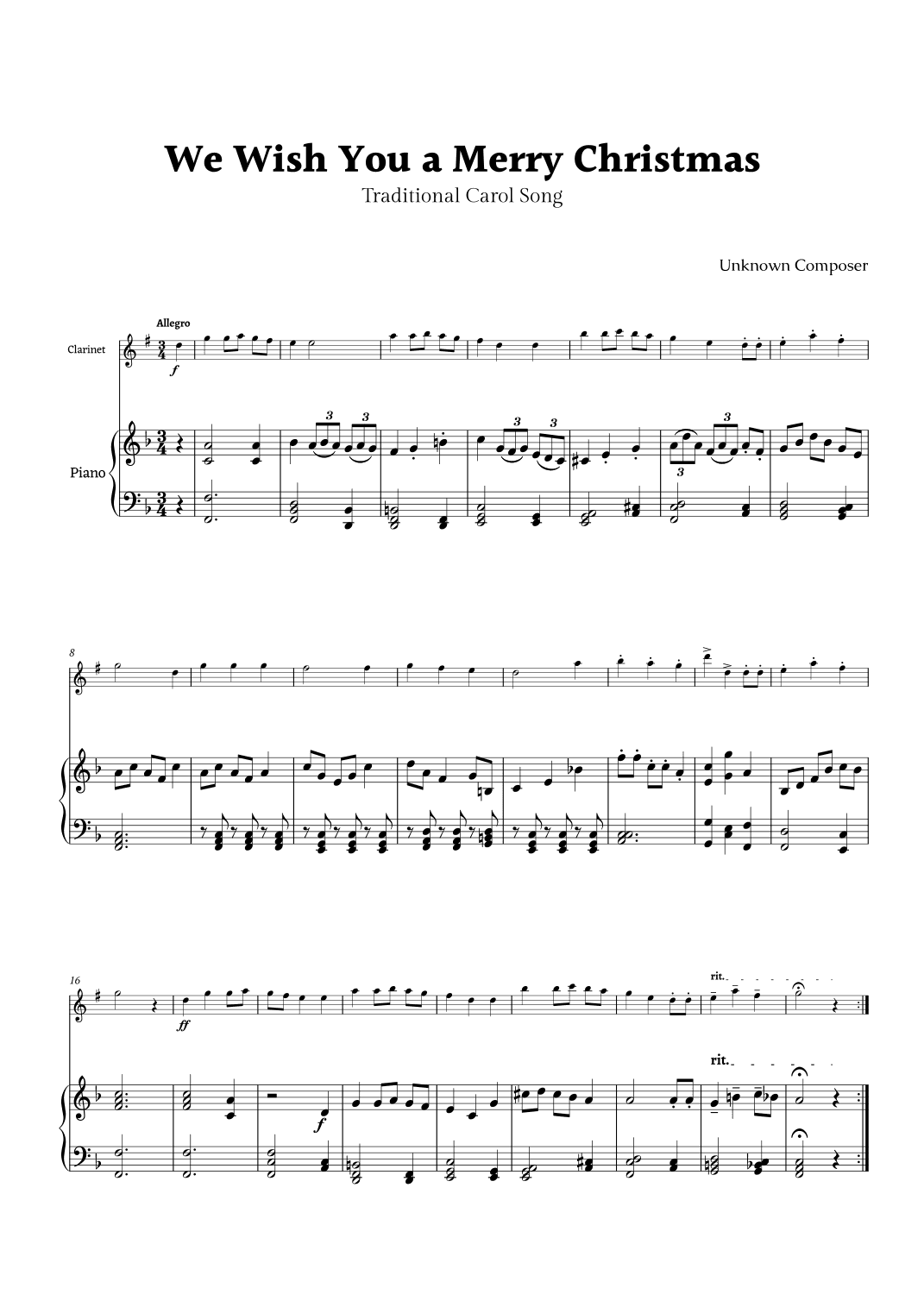 We Wish you a Merry Christmas for Clarinet and Piano (arr. Rika K.)