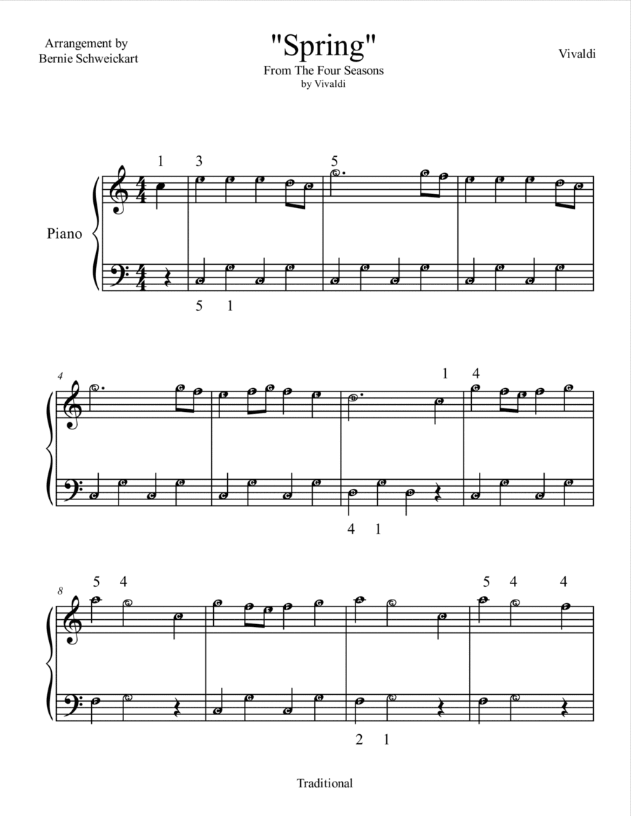 Spring From The Four Seasons (BIG NOTE SIMPLIFIED WITH FINGERING) (arr. Bernie Schweickart)