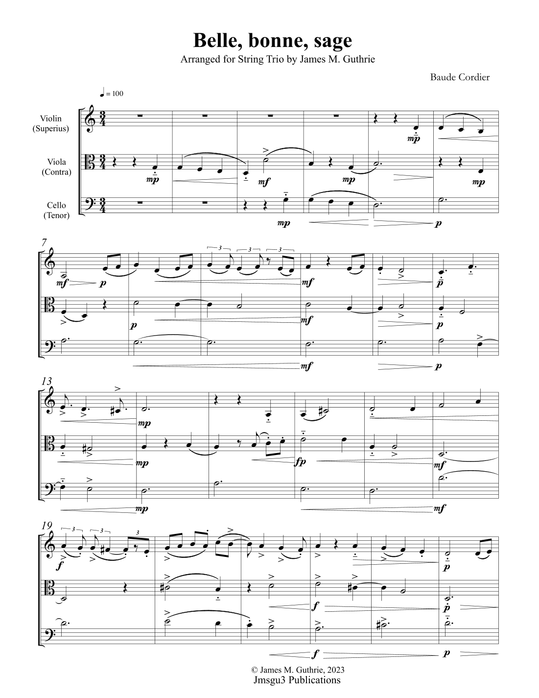 Cordier: Belle bonne for String Trio - Score Only (arr. James M. Guthrie, ASCAP)