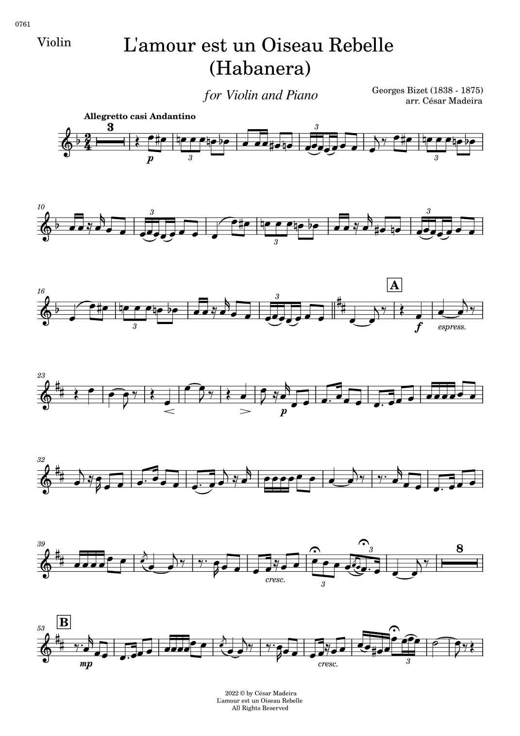 Habanera from Carmen by Bizet - Violin and Piano (Individual Parts) (arr. César Madeira)