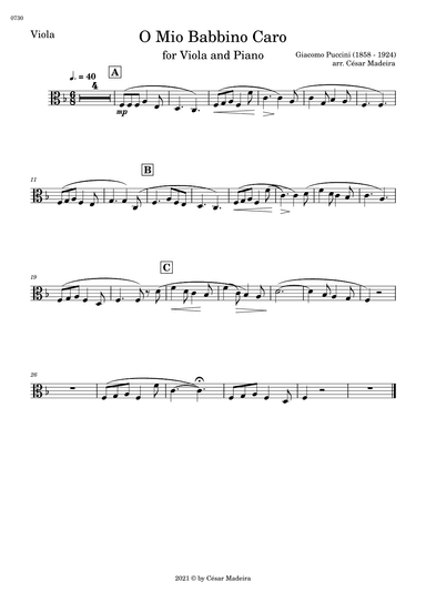 O Mio Babbino Caro by Puccini - Viola and Piano (Individual Parts) (arr. César Madeira)