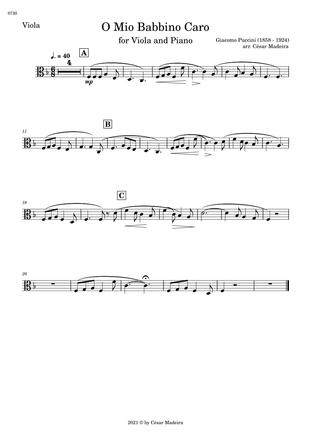 O Mio Babbino Caro by Puccini - Viola and Piano (Individual Parts) (arr. César Madeira)