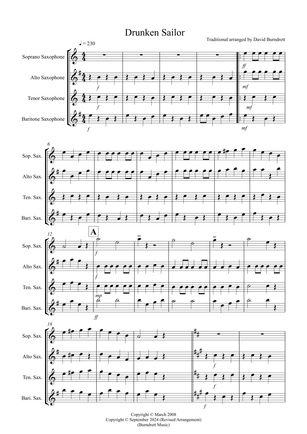 Drunken Sailor for Saxophone Quartet (arr. David Burndrett)