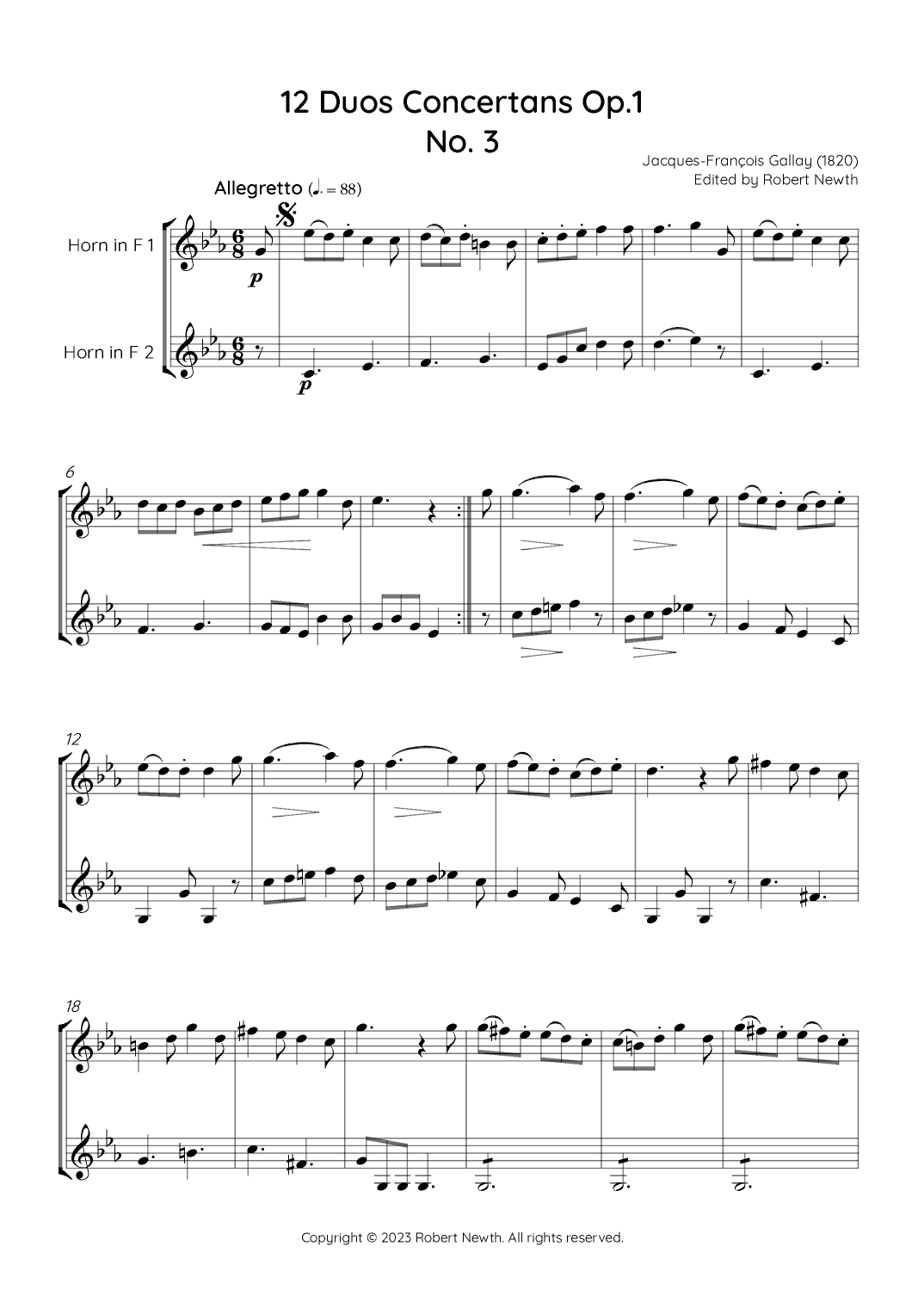 Gallay - 12 Duos Concertans Op. 1 No. 3 'Allegretto' (for Horn Duet) (arr. Robert Newth)
