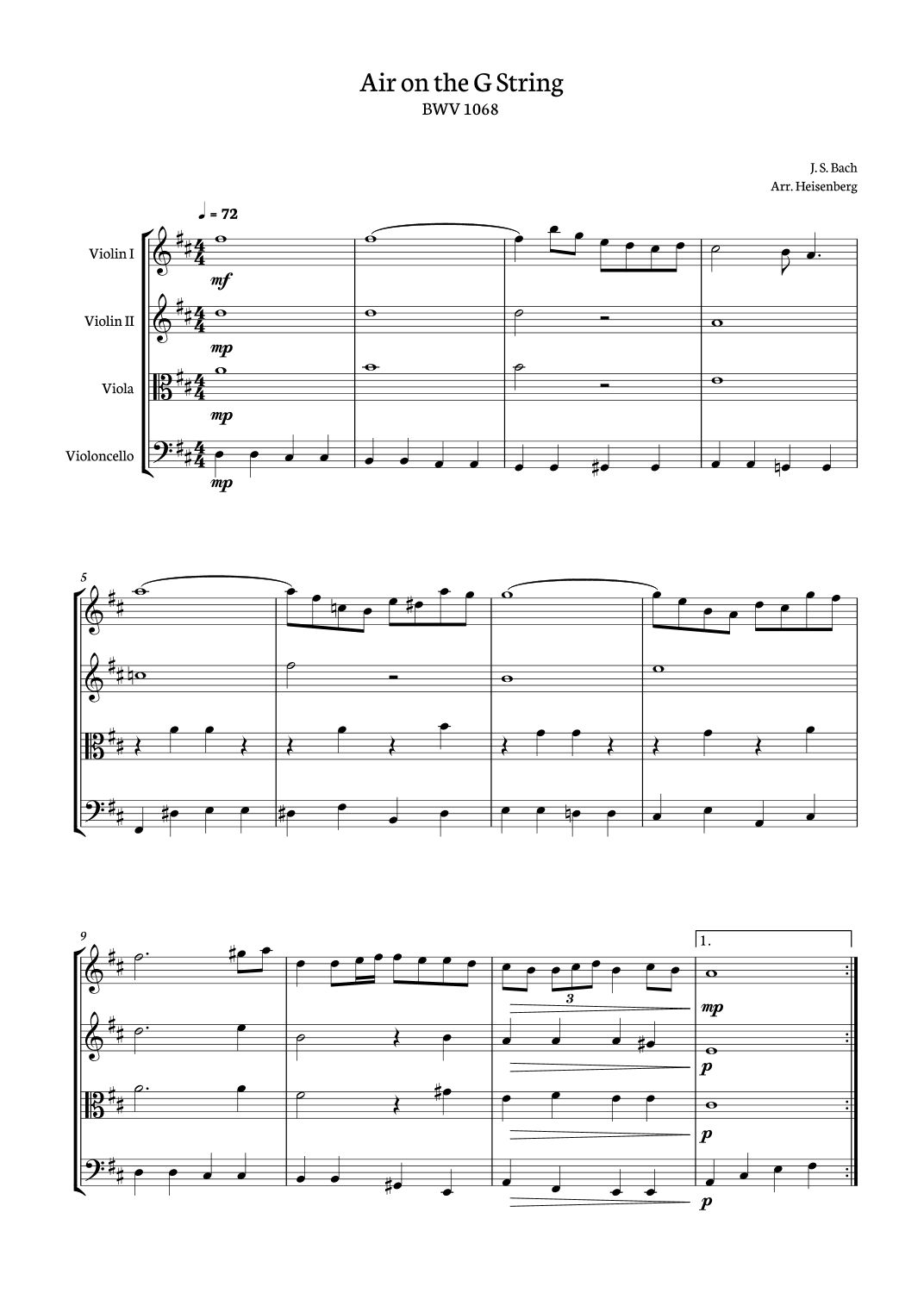 Bach - Air on G String for String Quartet (arr. Heisenberg)