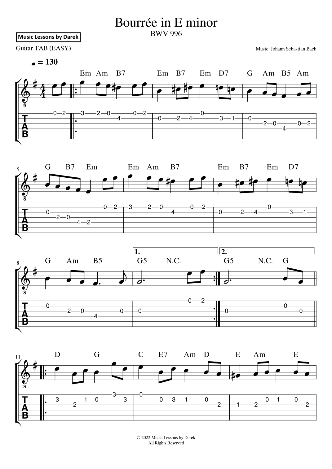 Bourrée in E minor (GUITAR TAB) BWV 996 [Johann Sebastian Bach] (arr. Darek)