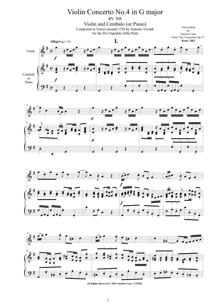 Vivaldi - Violin Concerto No.4 in G major RV 308 Op.11 for Violin and Cembalo (or Piano) (arr. Santino Cara)
