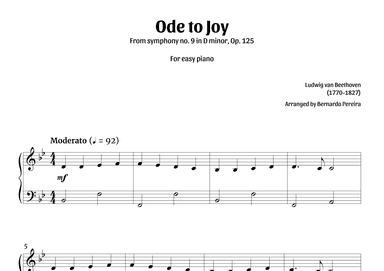 Ode To Joy (easy piano in Bb major – clean sheet music) (arr. Bernardo Pereira)