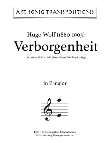 WOLF: Verborgenheit (transposed to A major, bass clef) (arr. ArtSongTranspositions.com)