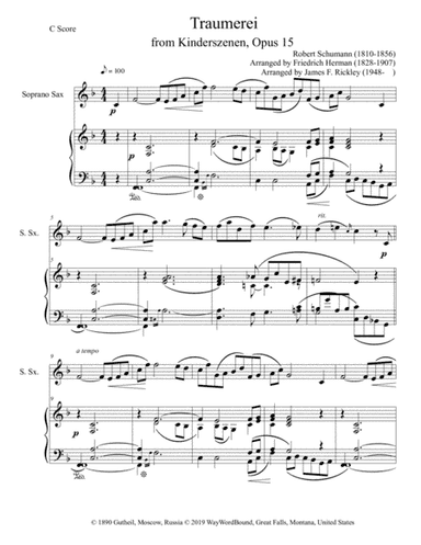 Traumerei from Kinderszenen, Opus 15 for Soprano Saxophone and Keyboard (arr. Friedrich Herman, James F. Rickley)