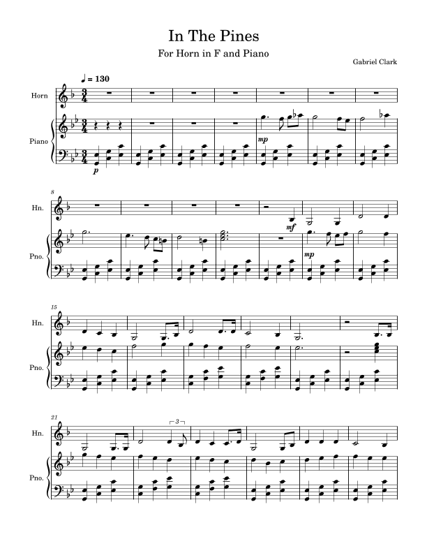 "In The Pines" for horn and piano (arr. Gabriel Clark)