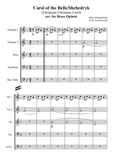 Carol of the Bells/Shchedryk (Ukrainian Christmas Carol), arr. for Brass Quintet (arr. M. Leontovych, Xlomeg)