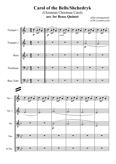 Carol of the Bells/Shchedryk (Ukrainian Christmas Carol), arr. for Brass Quintet (arr. M. Leontovych, Xlomeg)