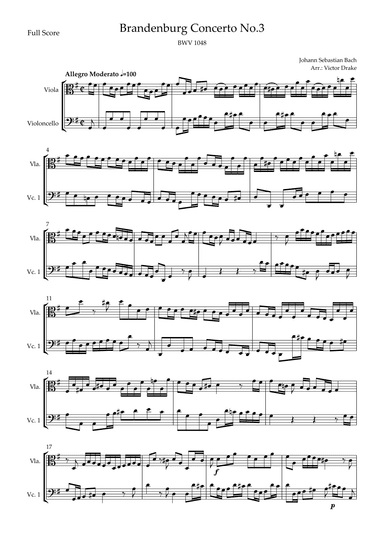 Brandenburg Concerto No. 3 in G major, BWV 1048 1st Mov. (J.S. Bach) for Viola & Cello (arr. Victor Drake)