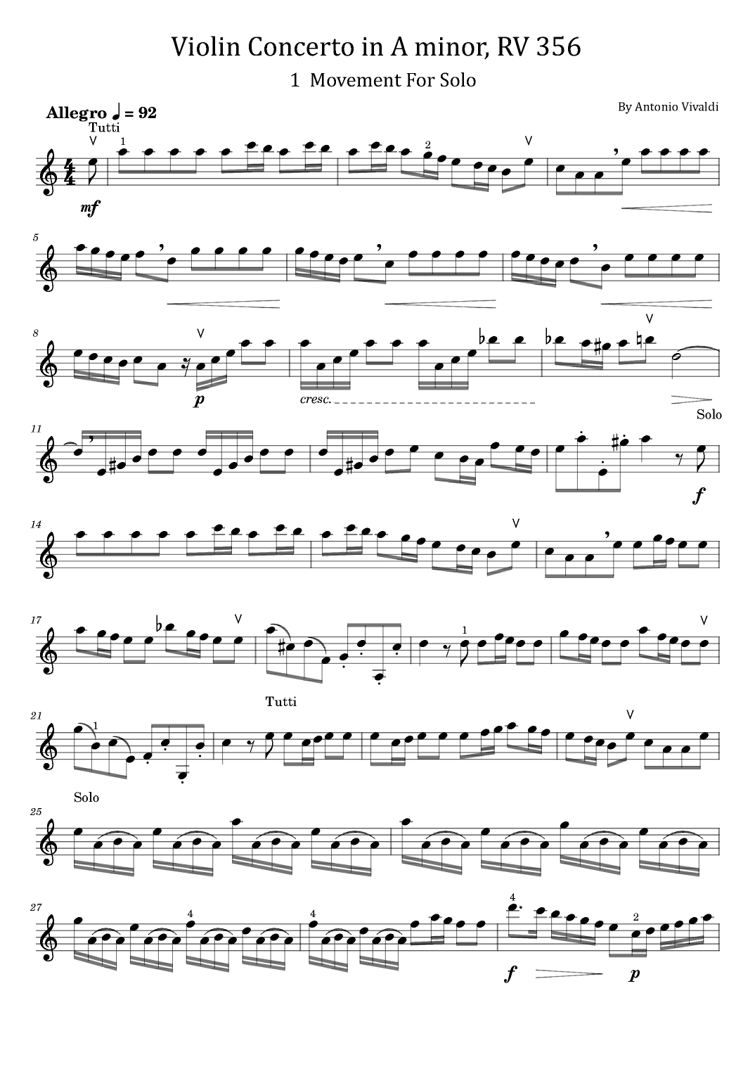 Violin Concerto in A minor, RV 356 - 1  Movement For Solo (arr. poon)
