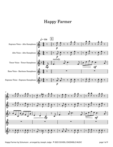 Happy Farmer by Schumann for Saxophone Quartet in Schools (arr. Joseph Judge)