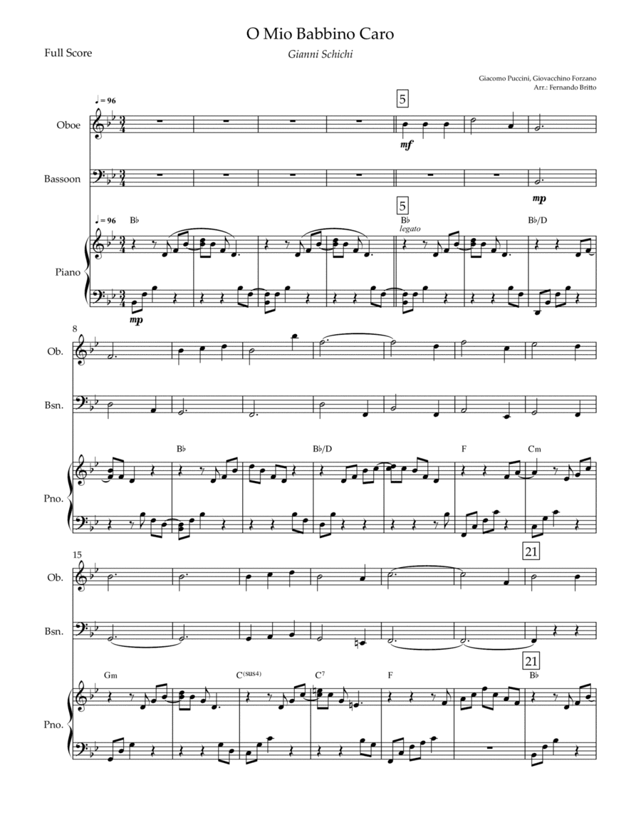 O Mio Babbino Caro (Puccini) for Oboe & Bassoon Duo and Piano Accompaniment with Chords (arr. Fernando Britto)