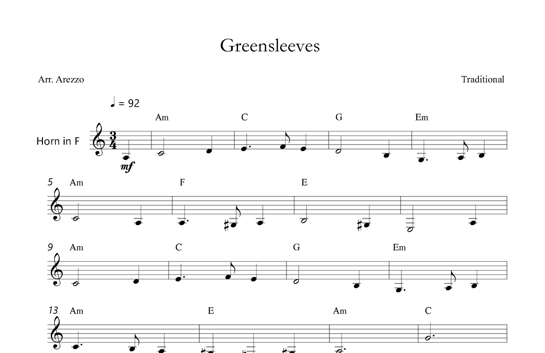 Greensleeves - Lead Sheet for Horn Chord Symbols (arr. Arezzo Music)