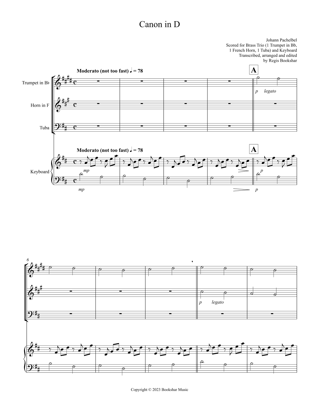 Canon in D (Pachelbel) (D) (Brass  Trio - 1 Trp, 1 Hrn, 1 Tuba), Keyboard) (arr. Regis Bookshar)