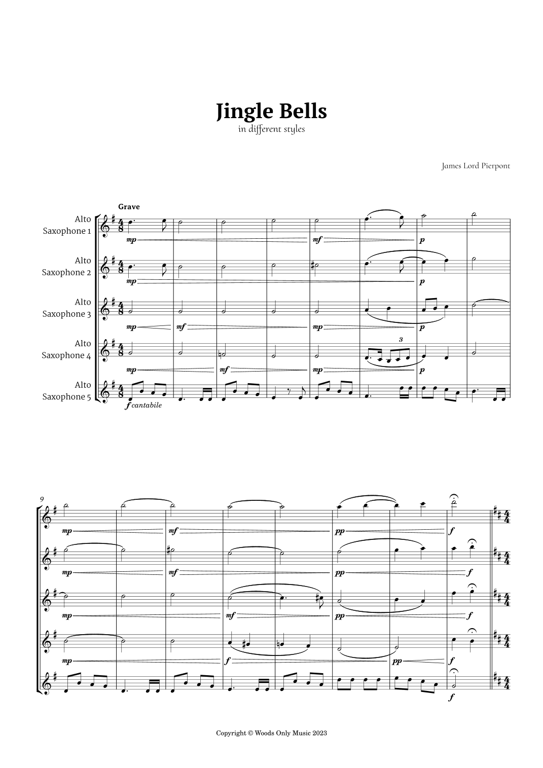 Jingle Bells in Different Styles for Alto Sax Quintet (arr. Ander)