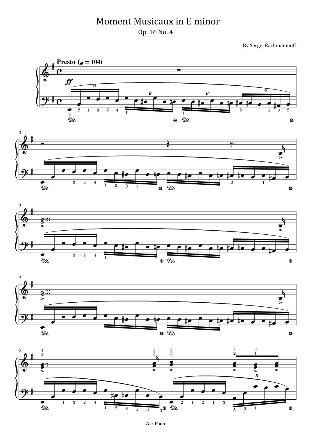 Rachmaninoff - Moment Musicaux in E minor - Op.16 No.4 - Original With Fingered - For Piano Solo (arr. poon)