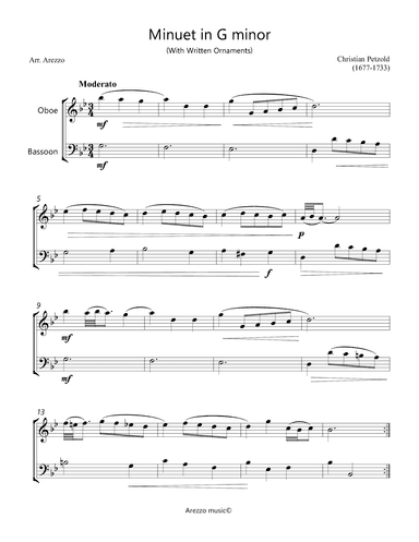 Bach Minuet in G minor - BWV anh 115  - Oboe and bassoon ornamented (arr. Arezzo Music)