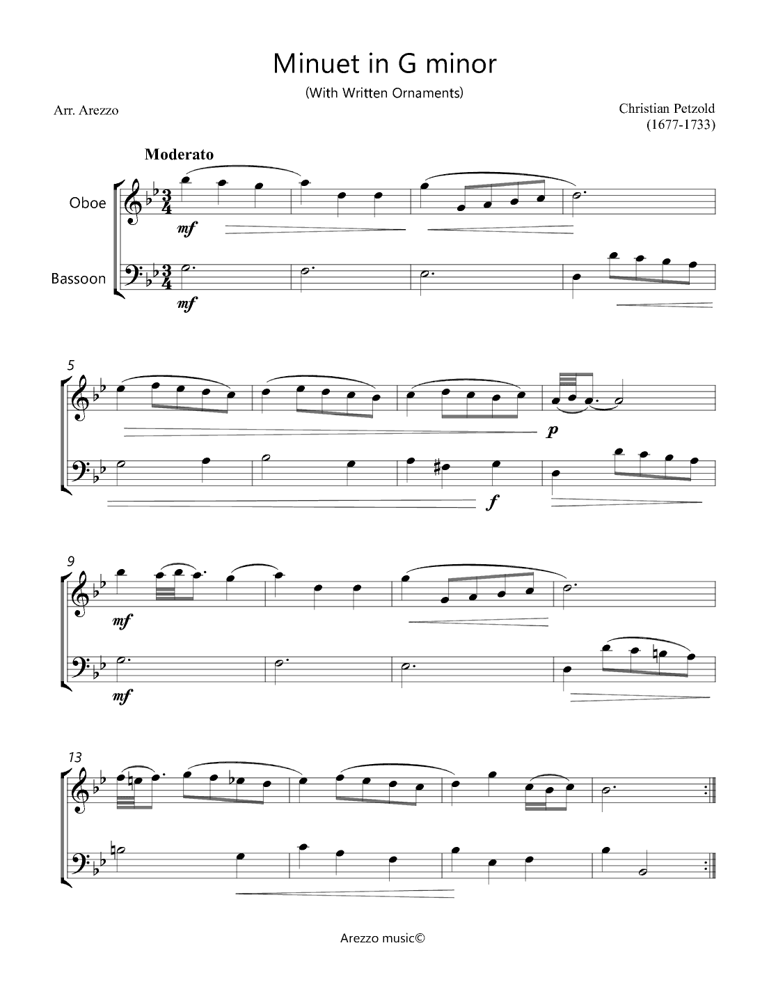 Bach Minuet in G minor - BWV anh 115  - Oboe and bassoon ornamented (arr. Arezzo Music)