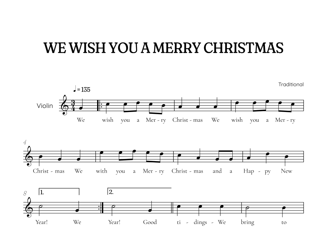 We Wish You a Merry Christmas for violin • easy Christmas sheet music (arr. Benzaiten Editions)
