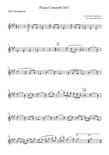 Piano Concerto Nº 1 - 1st Mov. Theme (P. Tchaikovsky) for Alto Saxophone Solo (C Major) (arr. Fernando Britto)