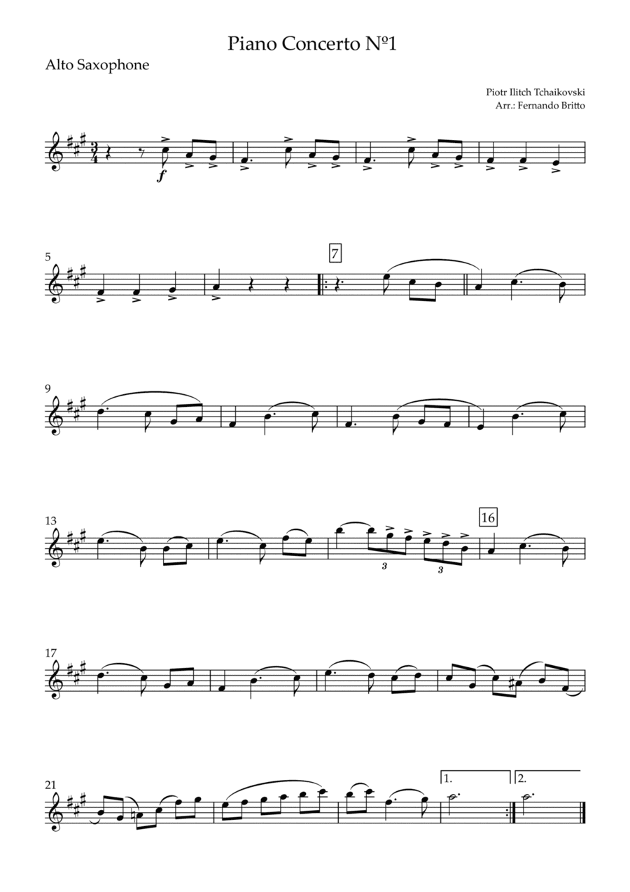 Piano Concerto Nº 1 - 1st Mov. Theme (P. Tchaikovsky) for Alto Saxophone Solo (C Major) (arr. Fernando Britto)