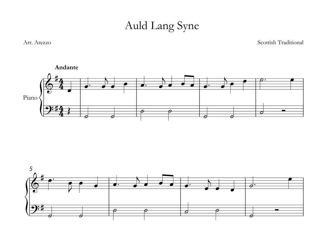 auld lang syne easy piano sheet music g major (arr. Arezzo Music)