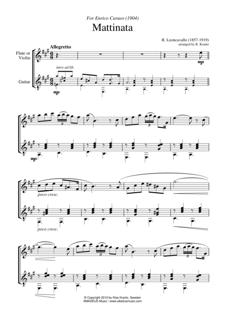 Mattinata (A Major) for violin or flute and guitar (arr. K. Krantz)