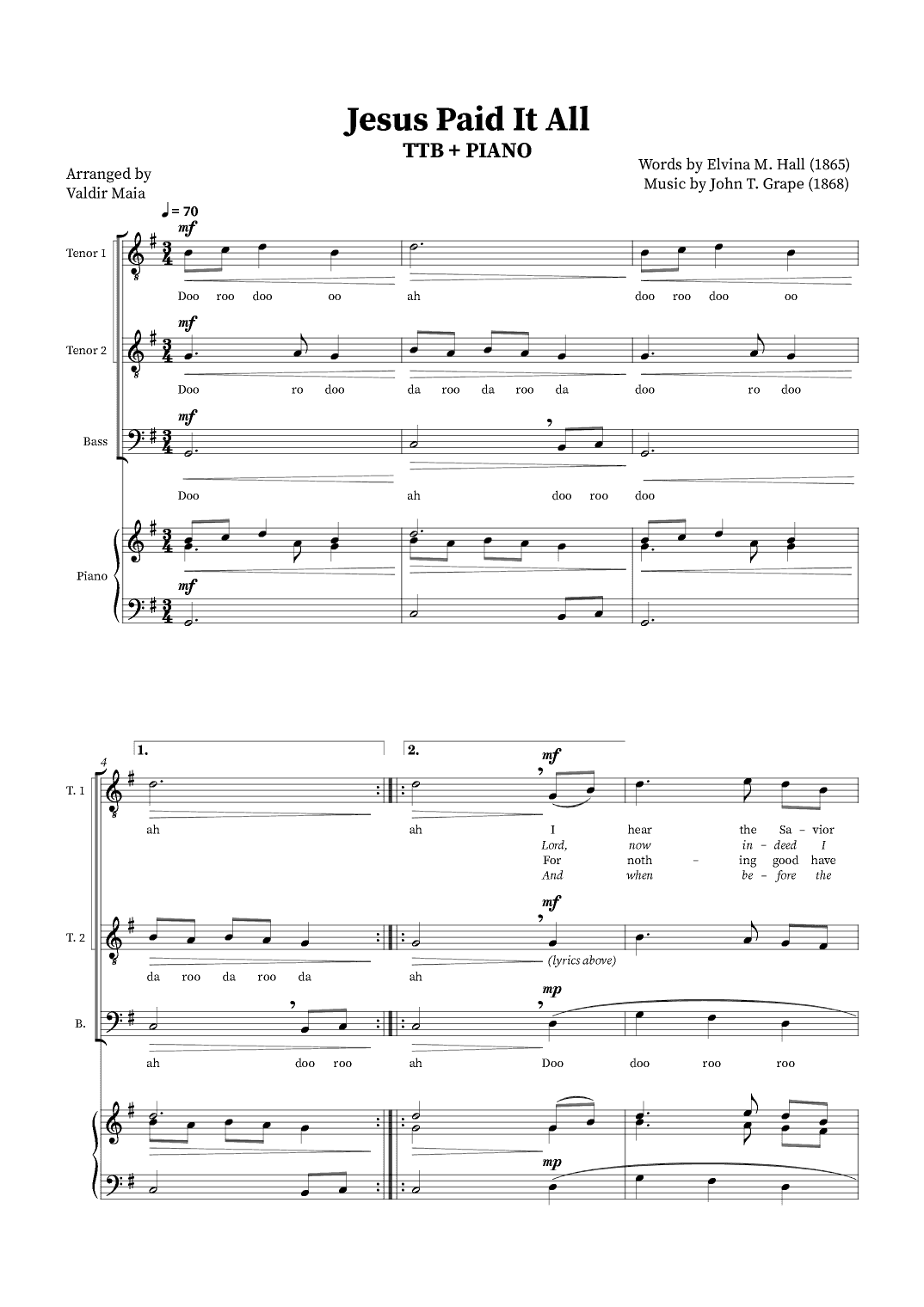 Jesus Paid It All - TTB Trio or Choir (Piano Accompaniment) (arr. Valdir Maia)